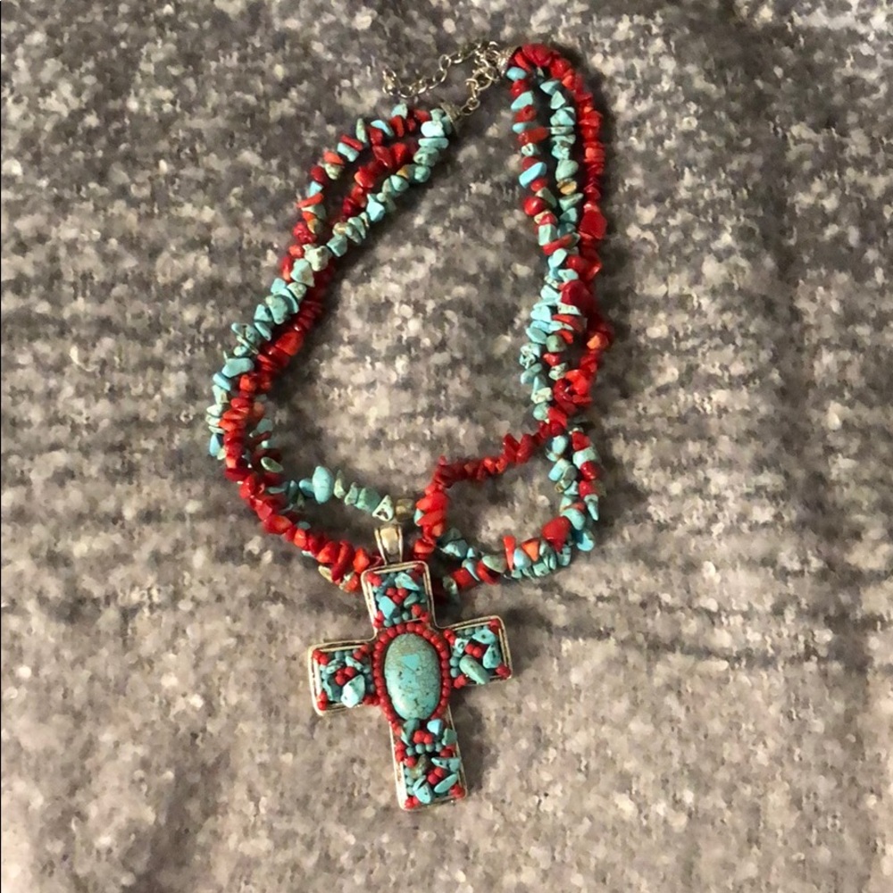 Turquoise and red stone necklace w/ cross